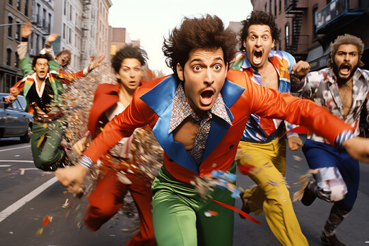 M&auml;nner in bunten Anz&uuml;gen st&uuml;rmen nach vore, lustig