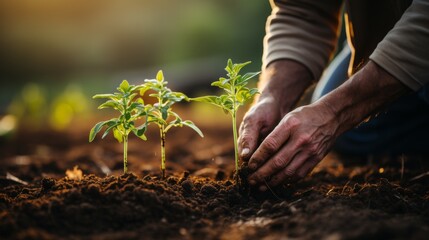 Close-up of a farmer's hands planting seeds in rich soil, rows of crops visible, focusing on the connection between humans and the earth, Photorealistic, farmin - obrazy, fototapety, plakaty