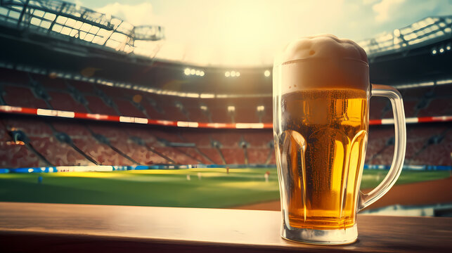 Glass of cold beer, mug product advertising on beer background with copy space