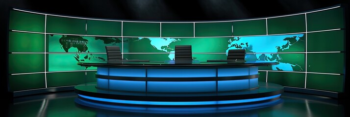 News Desk, Green Screen Background: news studio and broadcasting concept - obrazy, fototapety, plakaty