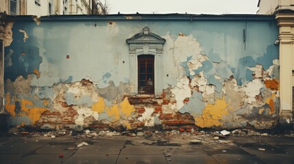 Crumbling facade of an old residential building, peeling paint, broken windows, urban setting, showcasing the passage of time in city landscapes, Photorealistic