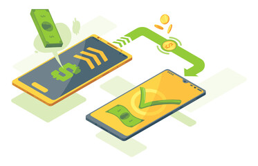 Money transfer app isometric. concept illustration of mobile money transfer. Two smartphones and bundle of the banknotes and coins are flying from one smartphone to the other