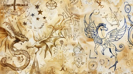 Mystical Mixed Media Art with Mythical Creatures and Runes.