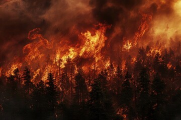 Apocalyptic scene as a raging wildfire engulfs the forest, creating a chaotic blend of flames and...
