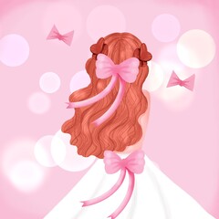Bride in white dress on pink background