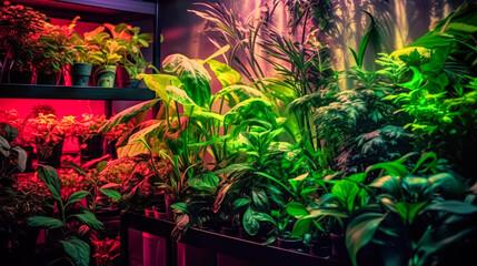Fototapeta na wymiar Plants basking under ultraviolet light, illustrating the concept of indoor gardening at home. Vibrant foliage thriving in artificial lighting conditions.