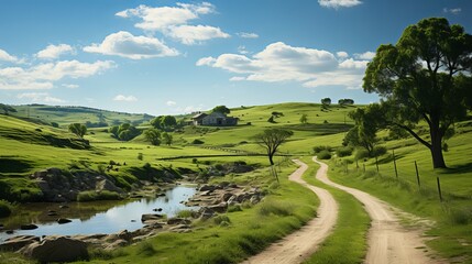 Fototapeta na wymiar A winding country road cutting through rolling green hills, wildflowers lining the path, the expansive landscape under a clear blue sky offering a sense of free