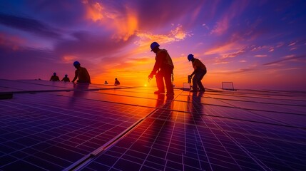 Team technician in safety gear, checking the integrity of solar cells on a sunlit roof, technology and eco-consciousnes, worker inspect equipment, focus mirroring the dedication to sustainable energy