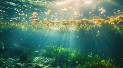 Fototapeta na wymiar A vibrant underwater scene illuminated by the sun's rays
