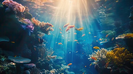 A vibrant underwater scene illuminated by the sun's rays - obrazy, fototapety, plakaty