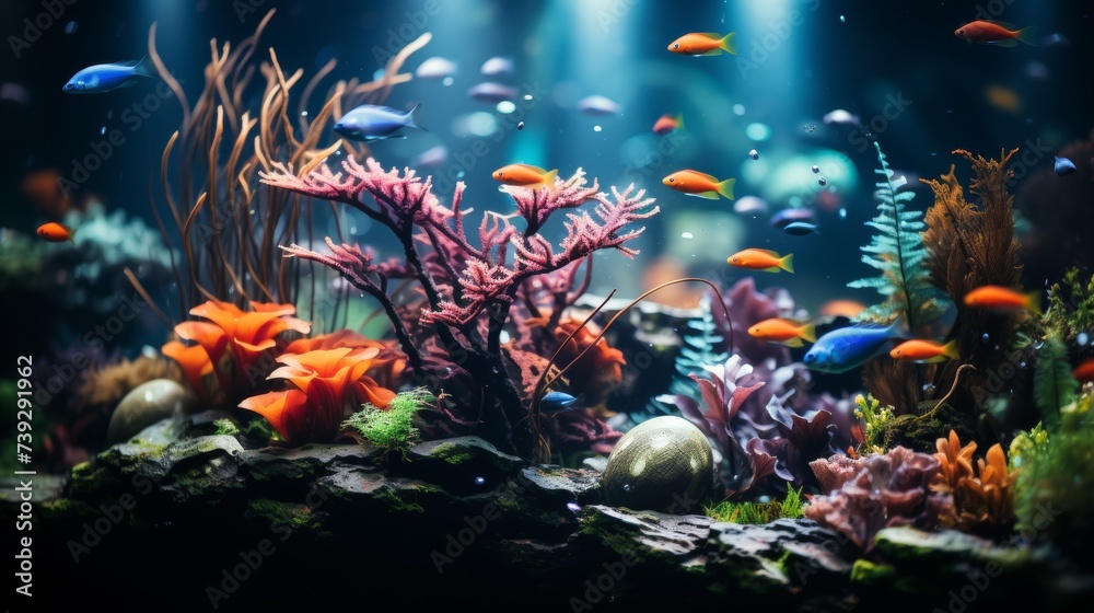 Wall mural aquarium with a variety of colorful fish, detailed view of the aquatic plants and decorations, empha - Wall murals