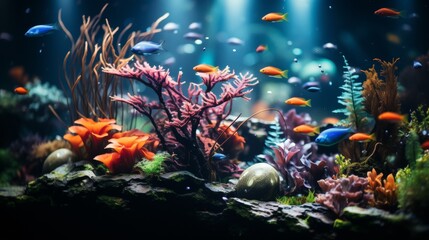 Fototapeta na wymiar Aquarium with a variety of colorful fish, detailed view of the aquatic plants and decorations, emphasizing the beauty and maintenance of home aquariums, Photore