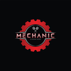 vector mechanic logo with gears and pistons on black background