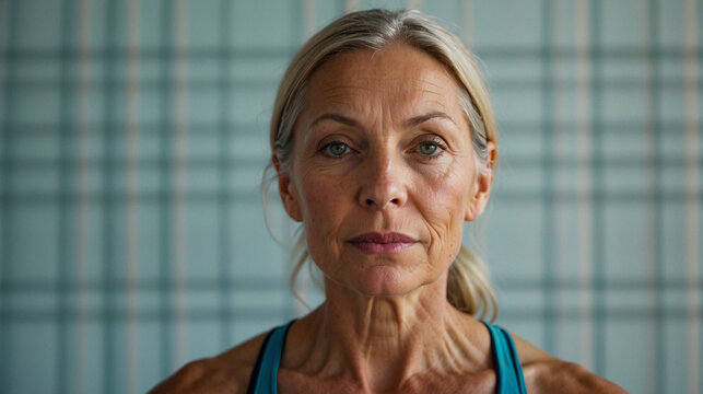 Mujer madura rubia deportista con piel natural y aspecto en&eacute;rgico y saludable