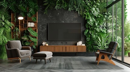Contemporary living room interior, with a TV on the wall, natural decoration, wooden furniture.
