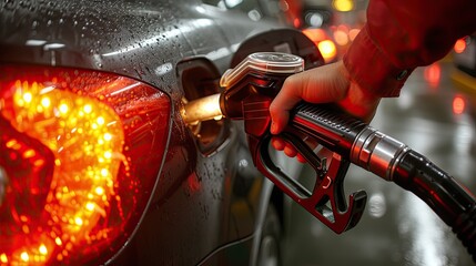 hand filling up a car with gas at a gas station - obrazy, fototapety, plakaty