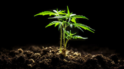 Top view of cannabis ruderalis plants in a science lab, used for medicinal and herbal product development. Landscape banner illustrating research and cultivation of cannabis for medical purposes.