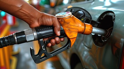 hand filling up a car with gas at a gas station - obrazy, fototapety, plakaty