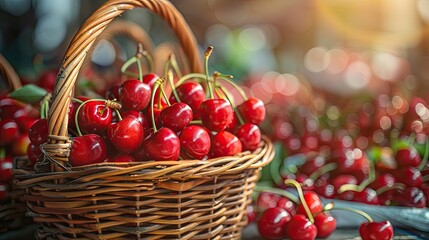 Fototapeta na wymiar Basket with fresh and appetizing red cherries.