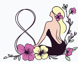 Happy Women's day 8 March card. Abstract portrait of woman with color head and flower. Continuous one line drawing. Vector illustration.