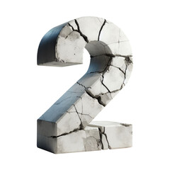 Number 2. Cracked apocalyptic number. 3D concrete old cracked numeral forming the number TWO. Stone number. Rock number. Ancient ruins number set. Isolated transparent PNG background. Pen tool cutout