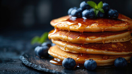 A delicious stack of pancakes, perfectly cooked and topped with fresh blueberries and sweet syrup.