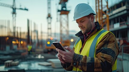 Construction architect, with a yellow vest and helmet, uses the telephone near a building under construction.