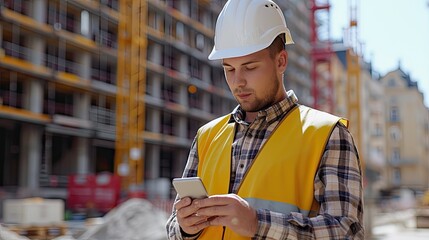 Construction architect, with a yellow vest and helmet, uses the telephone near a building under construction.