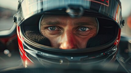 Race man driver wearing open face helmet sitting in a race car, looking at camera