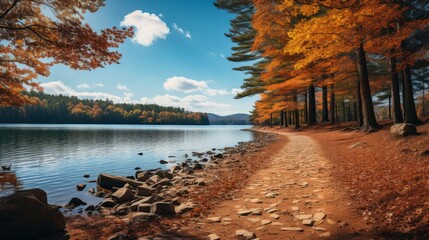 An autumnal forest lake, the water a canvas of reflected fall colors, leaves floating gently on the surface, the scene a harmonious celebration of seasonal chan