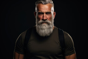 Obraz premium Seriuos senior man with beard carrying backpack on his shoulders. He looks determined as he walks, exploring outdoors