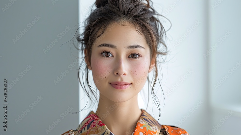 Poster Portrait of a handsome and young asian girl, plain white background