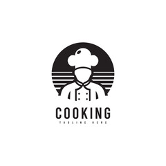 Cooking logo with chef silhouette object, minimalist style. Suitable for cooking, restaurant, or food menu product.