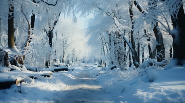 Frost-covered forest in winter, snow-laden trees and soft morning light, creating a tranquil and pristine winter wonderland, Photorealistic, winter forest photo