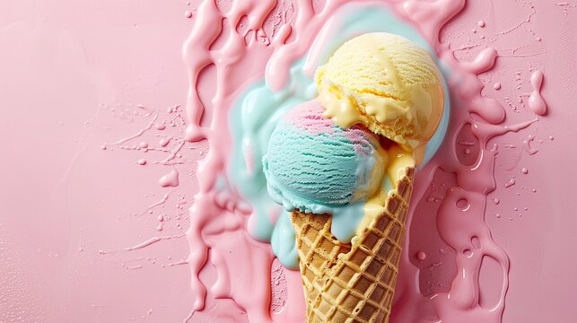 Wafel cone with two scoops of ice cream. Icream of mint and yellow color. Melting ice cream