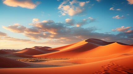 Fototapeta na wymiar Expansive view of a desert landscape at sunset, sand dunes and dramatic sky, conveying the serene and stark beauty of arid environments, Photorealistic, desert
