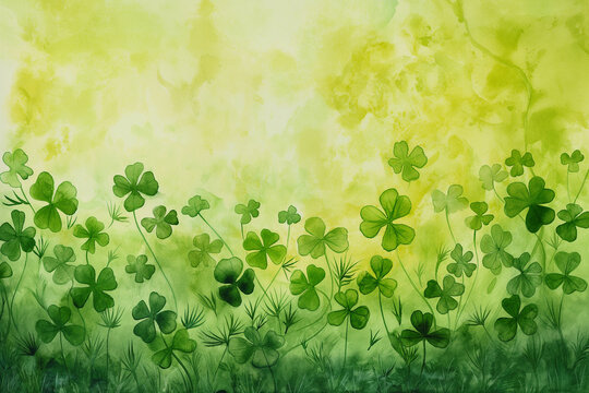 Saint Patric's day beautiful green background with clover leaves. Very Irish watercolor illustration. Ireland culture and holiday.