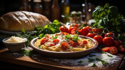 Freshly made pasta with homemade sauce on a kitchen table, rustic setting, showcasing the traditional and authentic preparation of Italian cuisine, Photorealist - obrazy, fototapety, plakaty