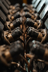 Old symmetrical airplane engine part, propeller aviation assembly, selective focus