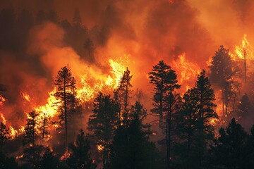 Ferocious wildfires engulf the forest in a raging inferno, with billowing smoke and towering...