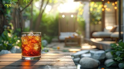 a glass ice lemon tea served on the wooden table, with background of tiny courtyard on the backyard of urban building. incorporating plants, rock and outdoor furniture. - obrazy, fototapety, plakaty