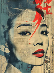 Portrait of Asian woman, abstract artistic wallpaper style, close up view. Culture, beauty, cosmetics and make-up concept