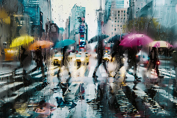 雨の交差点を横切るカラフルな傘をさす人達 - obrazy, fototapety, plakaty