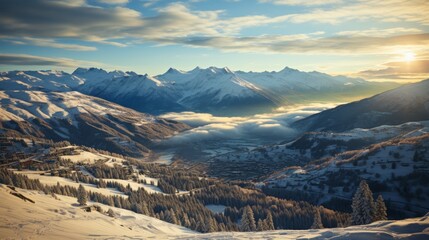 Alpine ski slopes at dawn, chairlifts and fresh ski tracks visible, mountains bathed in the soft morning light, capturing the excitement and beauty of skiing, P - obrazy, fototapety, plakaty
