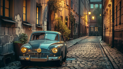 Urban Street Scene: Photograph a retro car parked on a cobblestone street in a historic city neighborhood, surrounded by old-fashioned street lamps and architecture. Generative AI - obrazy, fototapety, plakaty