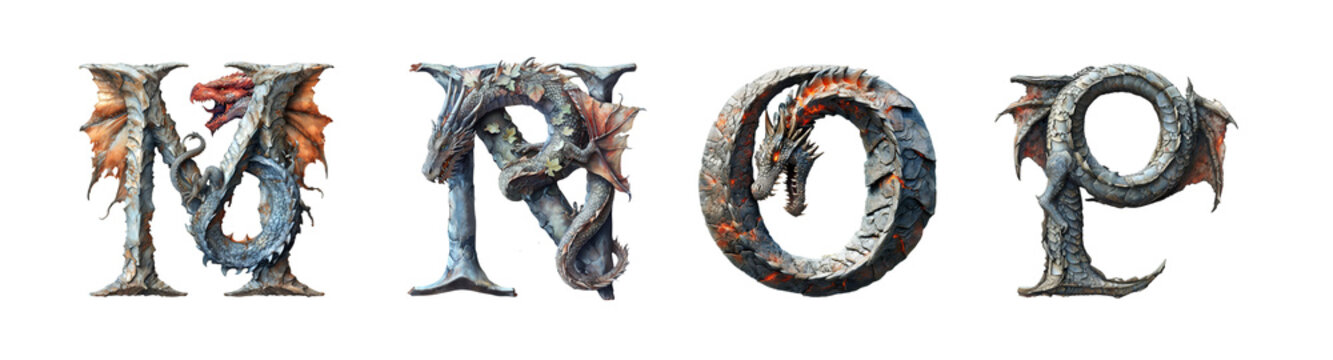 Letters M, N, O, P in dragon style. Unusual fantasy font on the transparent background.