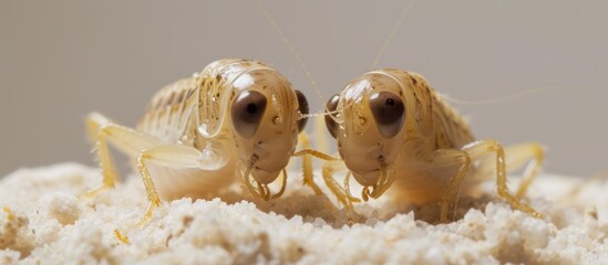Tiny insects perched on a heap of white rice grains in a close-up macro shot