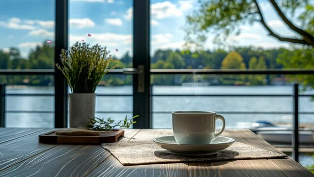 cup of coffee on a floral table, butterflies fluttering. with a mountain view, Seamless looping time-lapse 4k animation video background Generated AI

