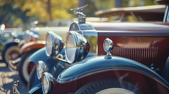 Vintage Car Show: Document a gathering of retro cars at a vintage car show or classic car rally, showcasing a variety of makes and models from different eras. Generative AI
