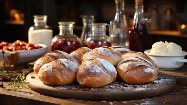 Array of freshly baked pastries and bread on a chef??Ts table, baking tools and oven in the background, emphasizing the joy of baking and pastry arts, Photoreal